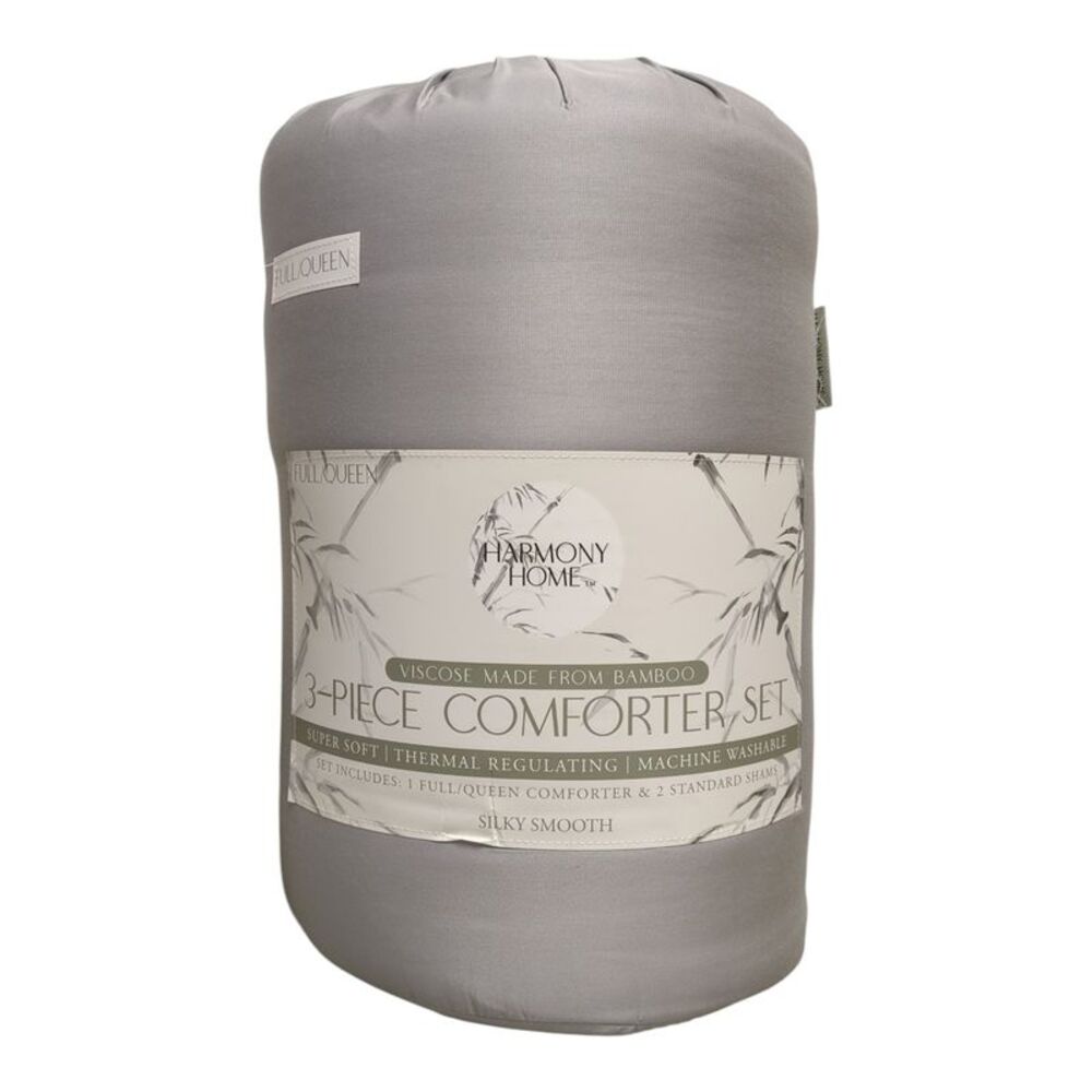 Grey - Harmony Home Soft Viscose Thermal Regulating 3 Piece Comforter Set, Full/